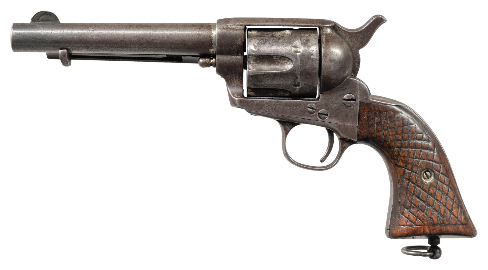 MEXICAN COPY COLT SAA REVOLVER.: Cal. 44-40. S# 16. Bbl. 4 1/2". Blade front sight. Fixed rear sight. Matching numbers on frame, bbl., cyl., ejector rod housing & trigger guard. Bbl. has Col's Patent marking with Hartford address. Le