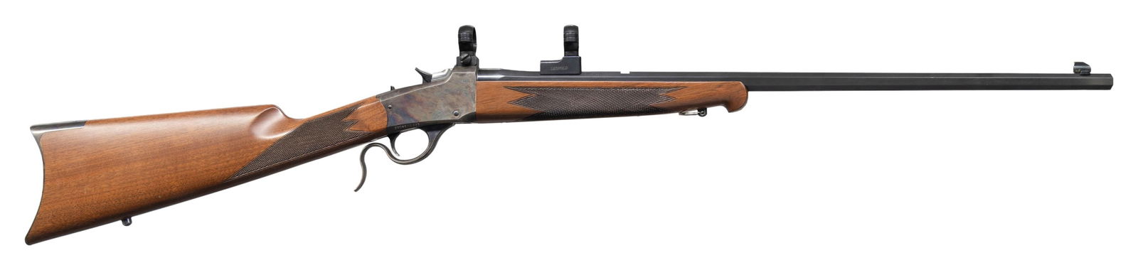 MIROKU / WINCHESTER MODEL 1885 LOW WALL .17 HMR: SINGLE SHOT BREECHLOADING RIFLE. Cal. 17 HMR. S# 00768MX85E. Bbl. 24". Model 1885 Low Wall single shot breechloading rifle mfg. in Japan by Miroku for Winchester. The left quarter flat of the octagona