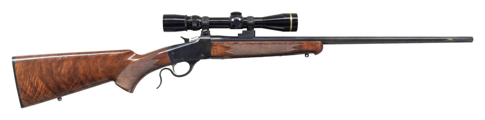 BROWNING 1885 LOW WALL SINGLE SHOT RIFLE.: Cal. 223 Rem. S# 04427NV2L7. Bbl. 24". Rifle is sighted with a Leupold Vari-X III 2.5x power scope. Scope has duplex crosshair reticle & very good optics. Japanese made Browning 1885 single shot rifle