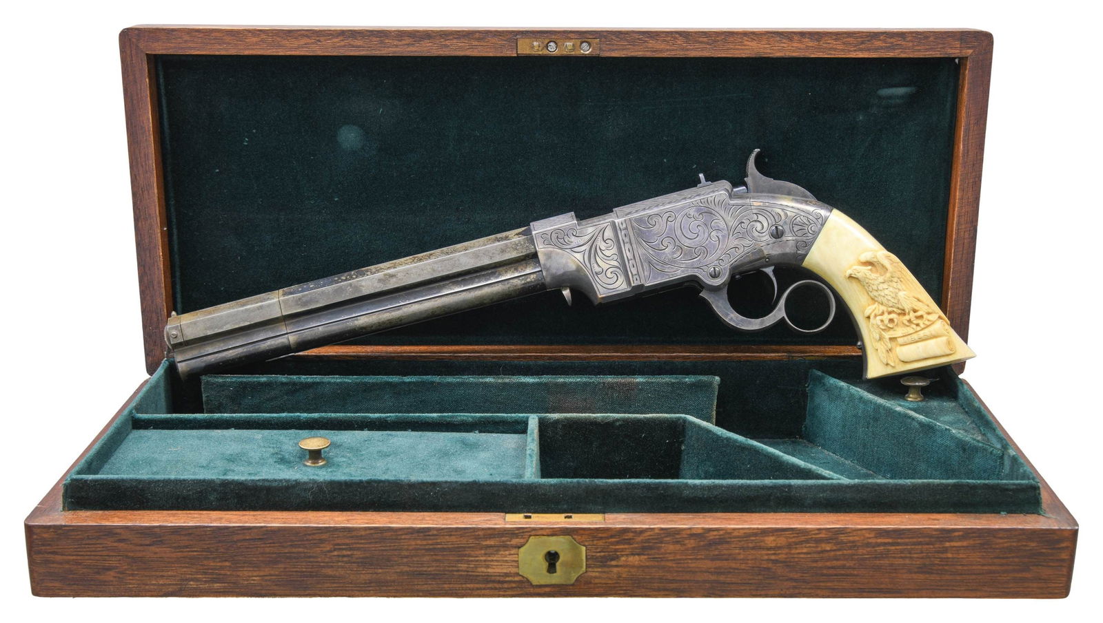 CUSTOM CASED & ENGRAVED LARGE FRAME NO. 2 VOLCANIC: ARMS LEVER ACTION PISTOL. Cal. 41. S# 1287. Pistol is in standard configuration with blued 8” octagonal barrel, integral spring loaded magazine, fixed notch rear sight, pinched post front sight,