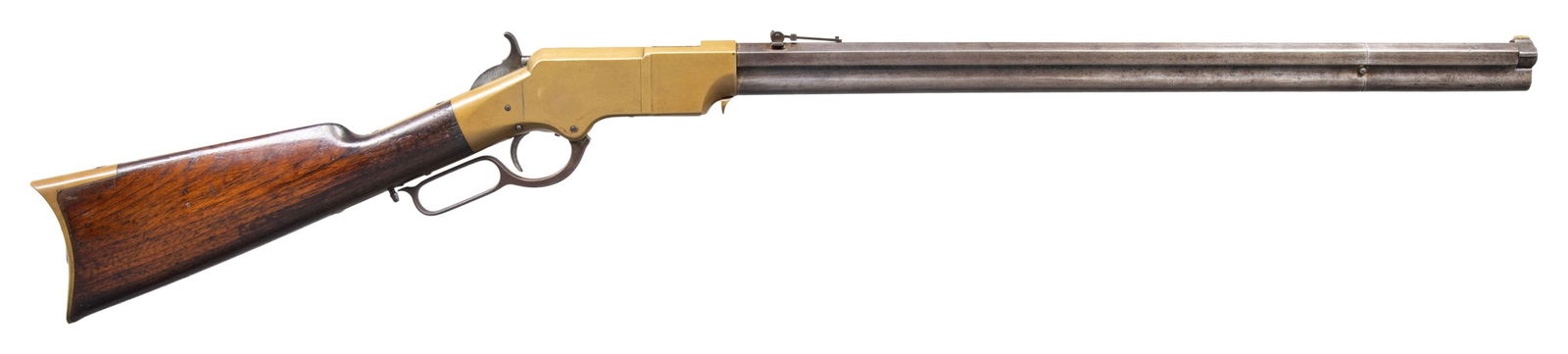 LATE CIVIL WAR MARTIAL HENRY RIFLE ISSUED TO HENRY: GRIMES, 3rd VRC. Cal 44. S# 7200. This is a standard 5th variation Henry rifle made late 1864, 5th variation of Henry rifles make up over 40% of total production ranging in serial numbers about 5000-1