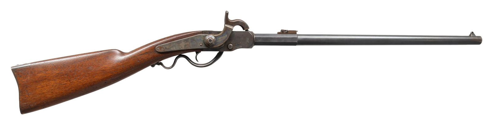 VERY FINE GWYN & CAMPBELL CIVIL WAR BREECH LOADING: CARBINE. Cal. 52. S# 4531. These carbines were nicknamed the "grapevine" carbine because of the snake like curves of the trigger guard lever & long ungainly hammer. About 8000 carbines made 1863-1864,
