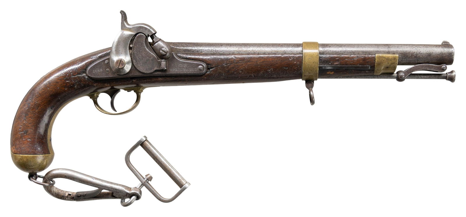 SPRINGFIELD MODEL 1855 PERCUSSION PISTOL-CARBINE.: Cal. 58. NSN. Bbl. 12" rnd. with octagon shank. Fixed blade front sight with folding leaf tang mounted rear sight. Bbl. and lockplate are dated "1855". Forward portion of the lockplate is marked