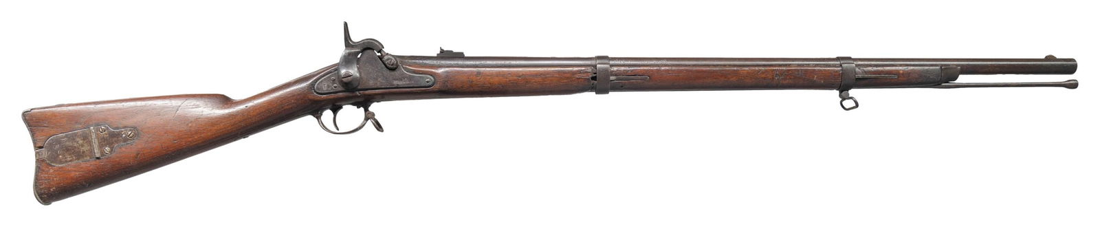 1862 DATED RICHMOND RIFLE.: Cal. 58. NSN. 48.5" overall, 33" barrel with adjustable rear sight, "pinched" front sight, iron mounted 1855 Harper's Ferry stock with tool box, original rifle swell ramrod. Nicely carved soldier's
