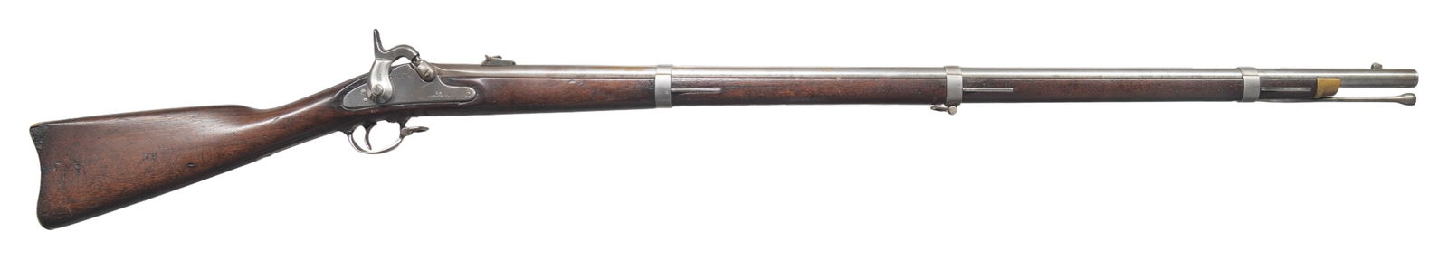 COMPOSITE 1863 DATED RICHMOND RIFLE MUSKET.: Cal. 58. NSN. Standard configuration Richmond Armory rifle, 40" barrel, correct style rear leaf sight, Richmond brass butt plate, brass nose cap, original swell 1855 style ramrod, "1863" barrel date