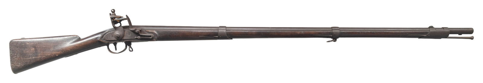 RARE "AS FOUND" 1813 DATED STATE OF MASSACHUSETTS: FLINTLOCK MUSKET R&C LEONARD, CANTON MA. Cal. 69. NSN. Bbl. 43 3/4". Marked with "MS" and "V". Relief oval cartouche w/ "eagle head / CT". Lock is marked with "eagle / us / R&C LEONARD". Tail marked