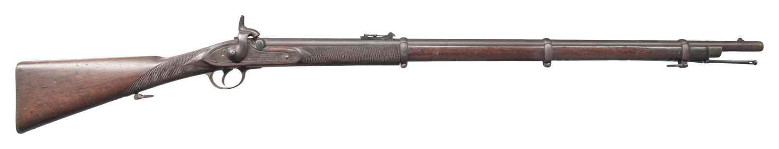 405RARE "HAY PATTERN MEDIUM" ENFIELD RIFLE MUSKET.: Cal. 577. S# 650. 51.5" overall, 36" Birmingham proofed 25 gauge barrel, "ISAAC HOLLIS & SONS / MAKERS TO / HER MAJESTY'S WAR DEPARTMENT" marked lock, brass furniture, 3 clamping iron barrel bands.