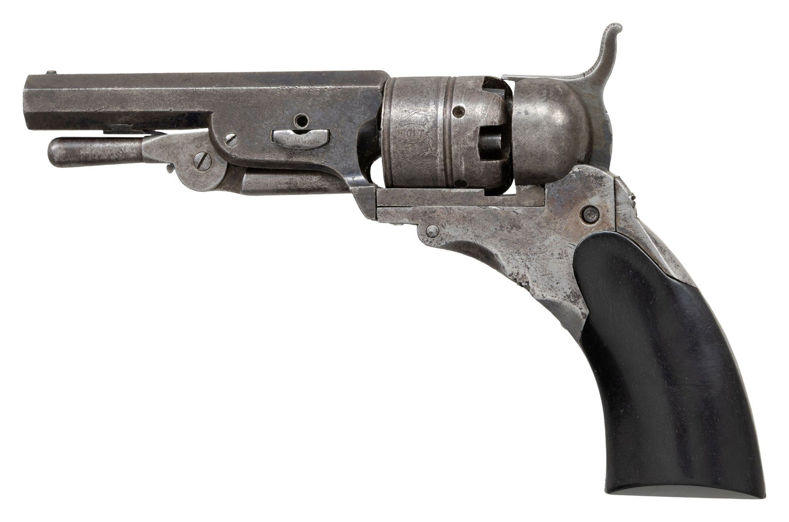GOOD IMPROVED BABY PATERSON REVOLVER.: Cal. 28. S# 310. Standard configuration improved 1st model (4th model Ehlers) Paterson revolver made its own serial range in 1840 with improved Ehler loading lever, 3" octagonal barrel, one-line