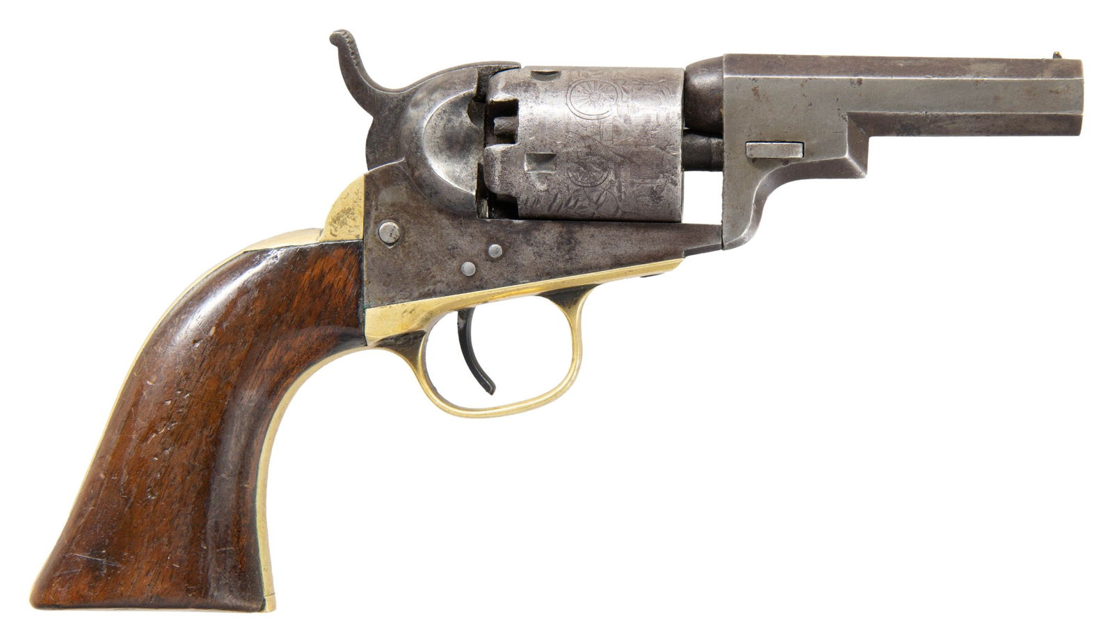 SCARCE COLT WELLS FARGO MODEL 1849 POCKET: REVOLVER. Cal. 31. S# 140165. Standard configuration, 3" barrel without loading assembly, 2-line New York City address with brackets, small brass cone front sight, 5 shot cylinder with stagecoach