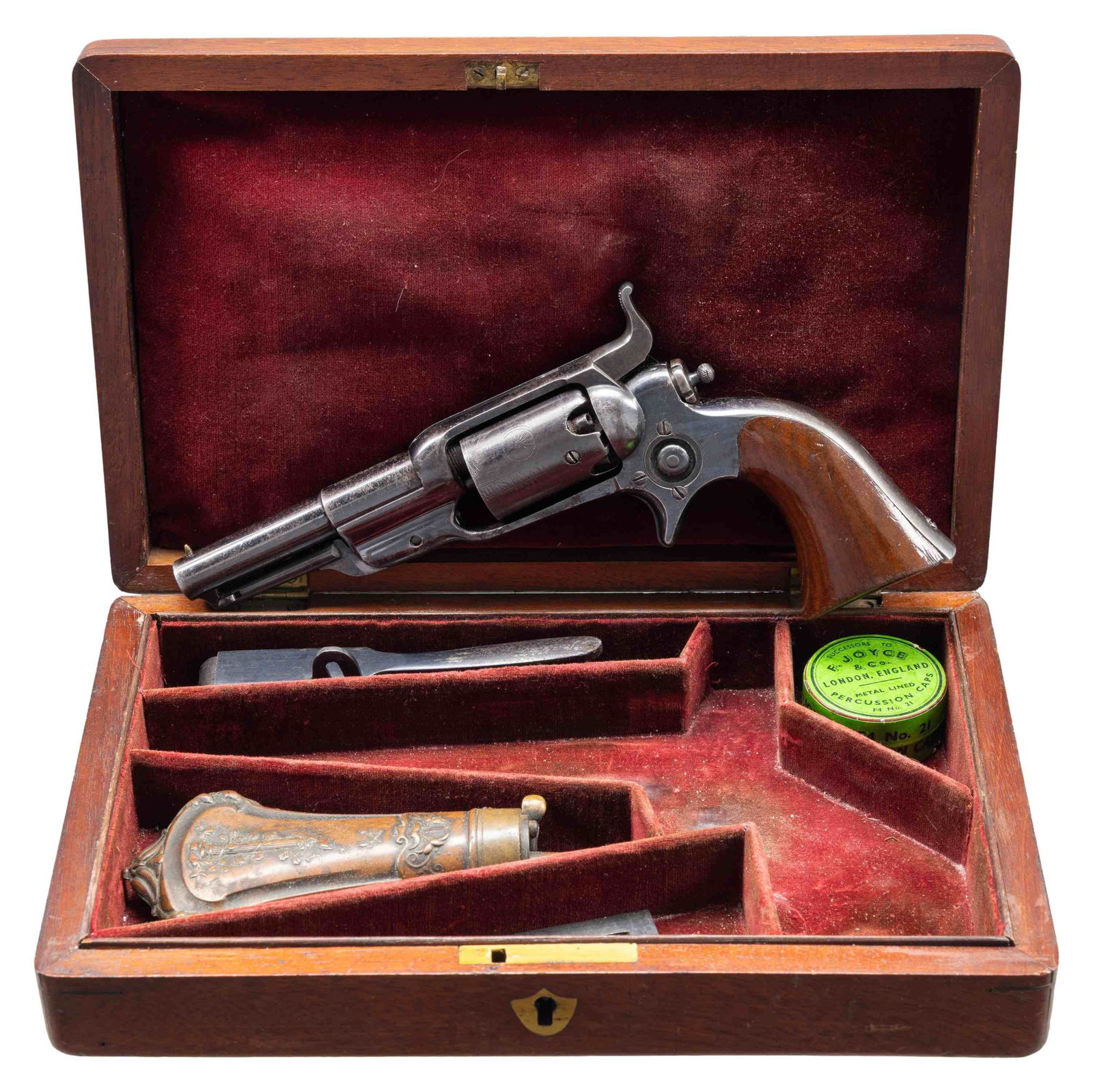 CASED COLT MODEL "7" 1855 ROOT REVOLVER.: Cal. 31. S# 13293. Standard production, 3.5" round barrel, 2-line New York address, unique to this model is screw in cylinder to attach to cylinder pin. Housed in Colt mahogany casing, compartmented f