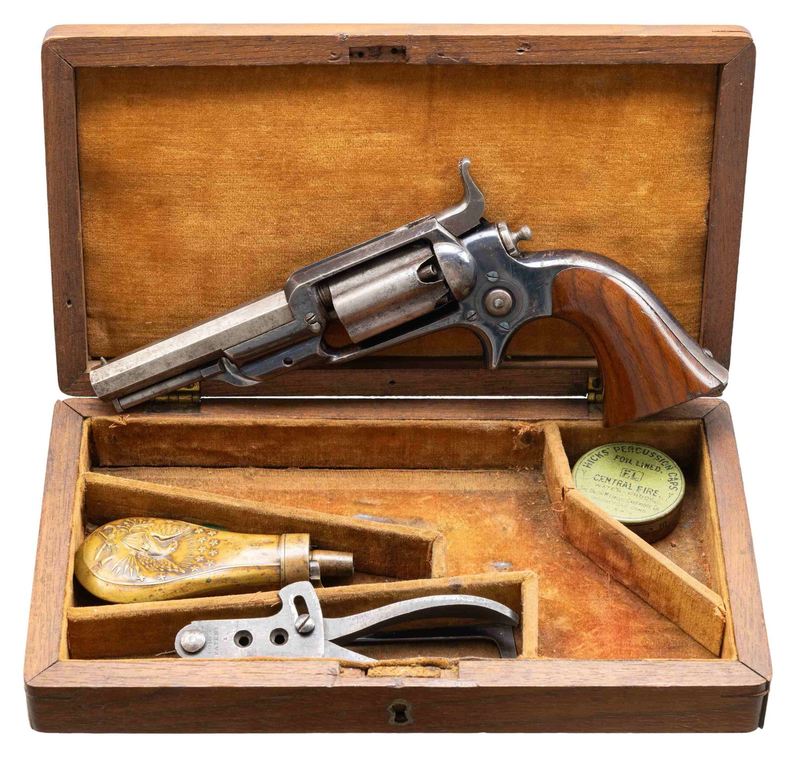 COLT 1855 ROOT MODEL 4 CASED REVOLVER.: Cal. 28. S# 26558. Bbl 3 1/2" oct with Hartford address and brass bead. 5-shot full fluted cyl. Side hammer action with spur trigger. Blue finish. 1-pc walnut grip. Approx 40,000 mfg 1855-1870. UNATTA