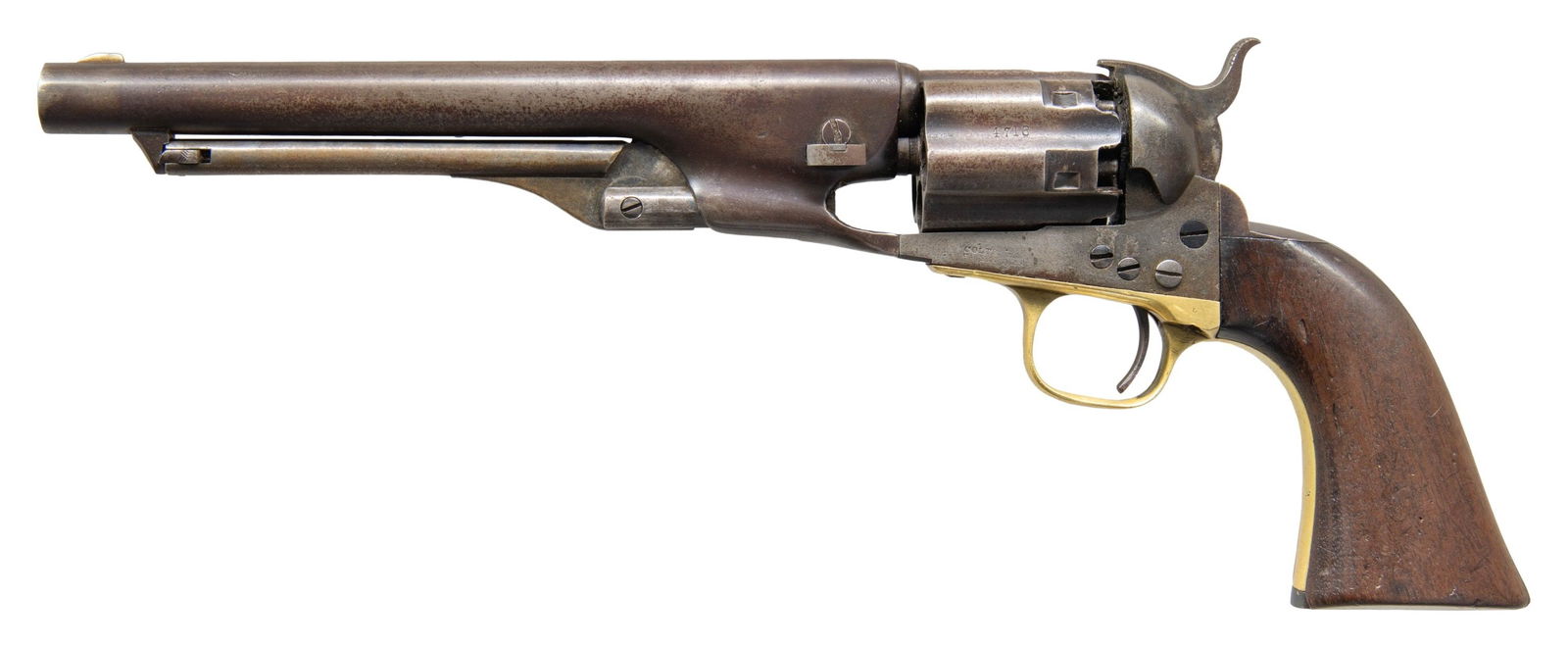 COLT MODEL 1860 FLUTED ARMY REVOLVER ISSUED TO 7TH: ILLINOIS CAVALRY. Cal. .44. S# 4718. This revolver made in 1861 shows up in Springfield Research database as issued twice, 1st to Co. F, 21st Ohio Volunteer Infantry in 1863, and last in 7th Illinois