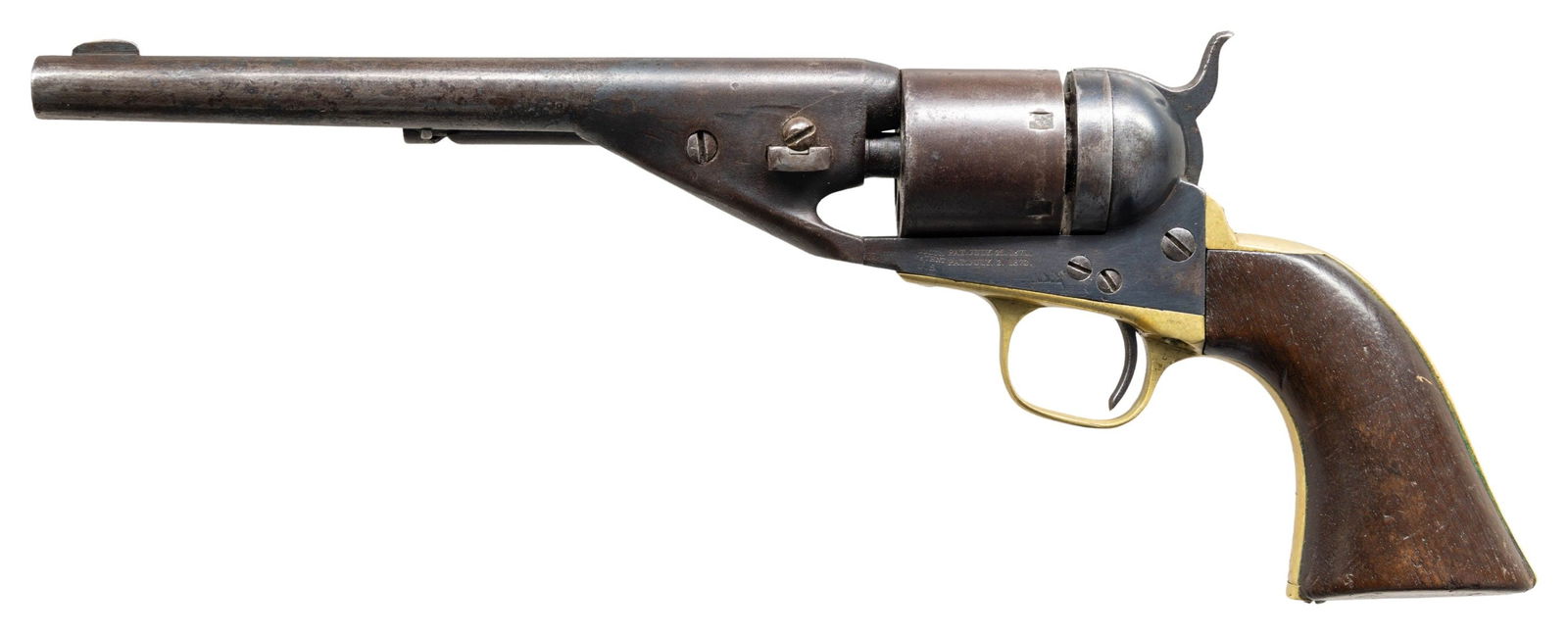 COLT MARTIAL NAVY CARTRIDGE CONVERSION.: Cal. 38CF. S# 56949. Unusual mixed S# model 1851 frame & model 1861 7.5" barrel (S# 2839) & grip frame (S# 1874). "USN" stamped on butt & small anchor stamped on barrel rear of address. CONDITION: goo