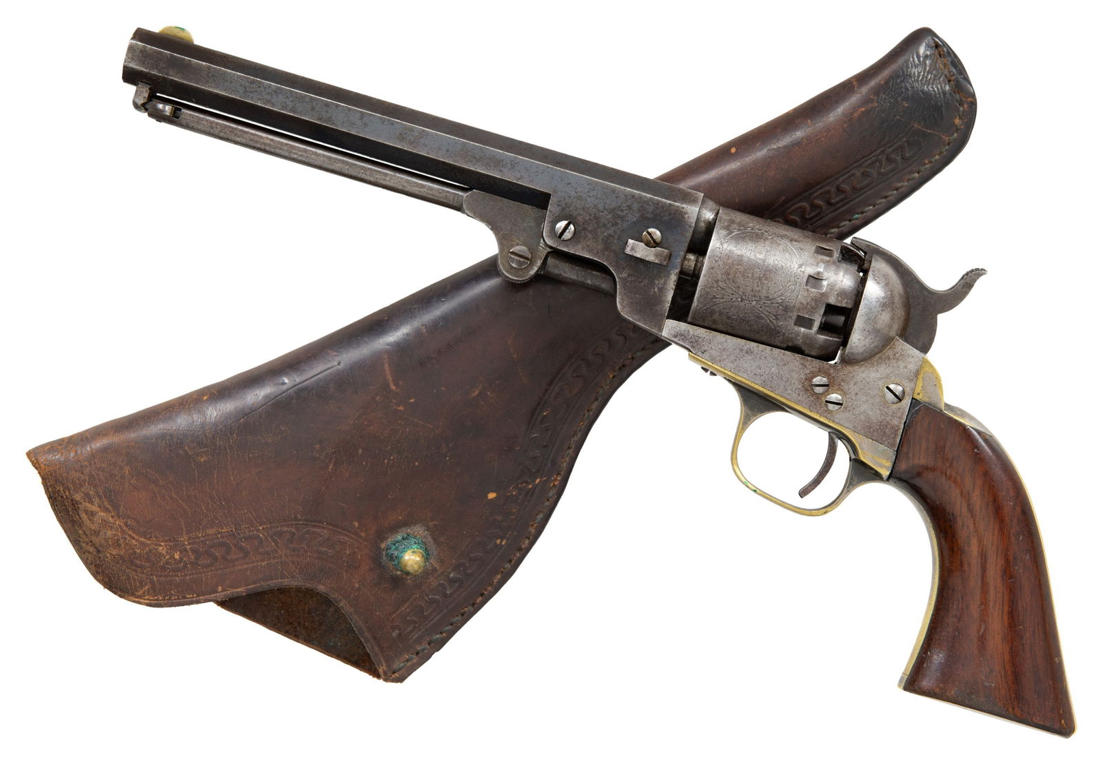 CIVIL WAR ERA MANHATTAN ARMS PERCUSSION NAVY: REVOLVER & HOLSTER. Cal. 36. S# 39752. Standard configuration, scares and longest 6.5" octagonal barrel stamped on top flat: "MANHATTAN FIREARMS CO. NEWARK NJ", German silver blade front sight; 5-shot