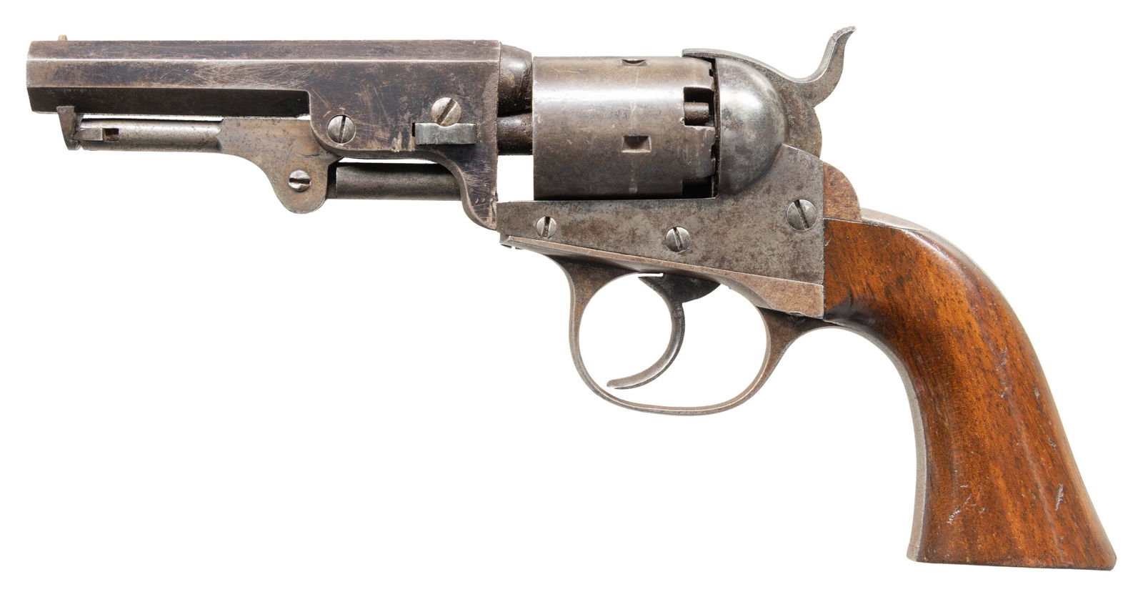 CIVIL WAR COOPER POCKET MODEL REVOLVER.: Cal. 31. S# 229. 9.25"overall, 4" octagonal barrel with 3-line Philadelphia address, last patent date Sept. 22, 1863, iron grip frame, double action and single action, 5-shot cylinder, safety slots be