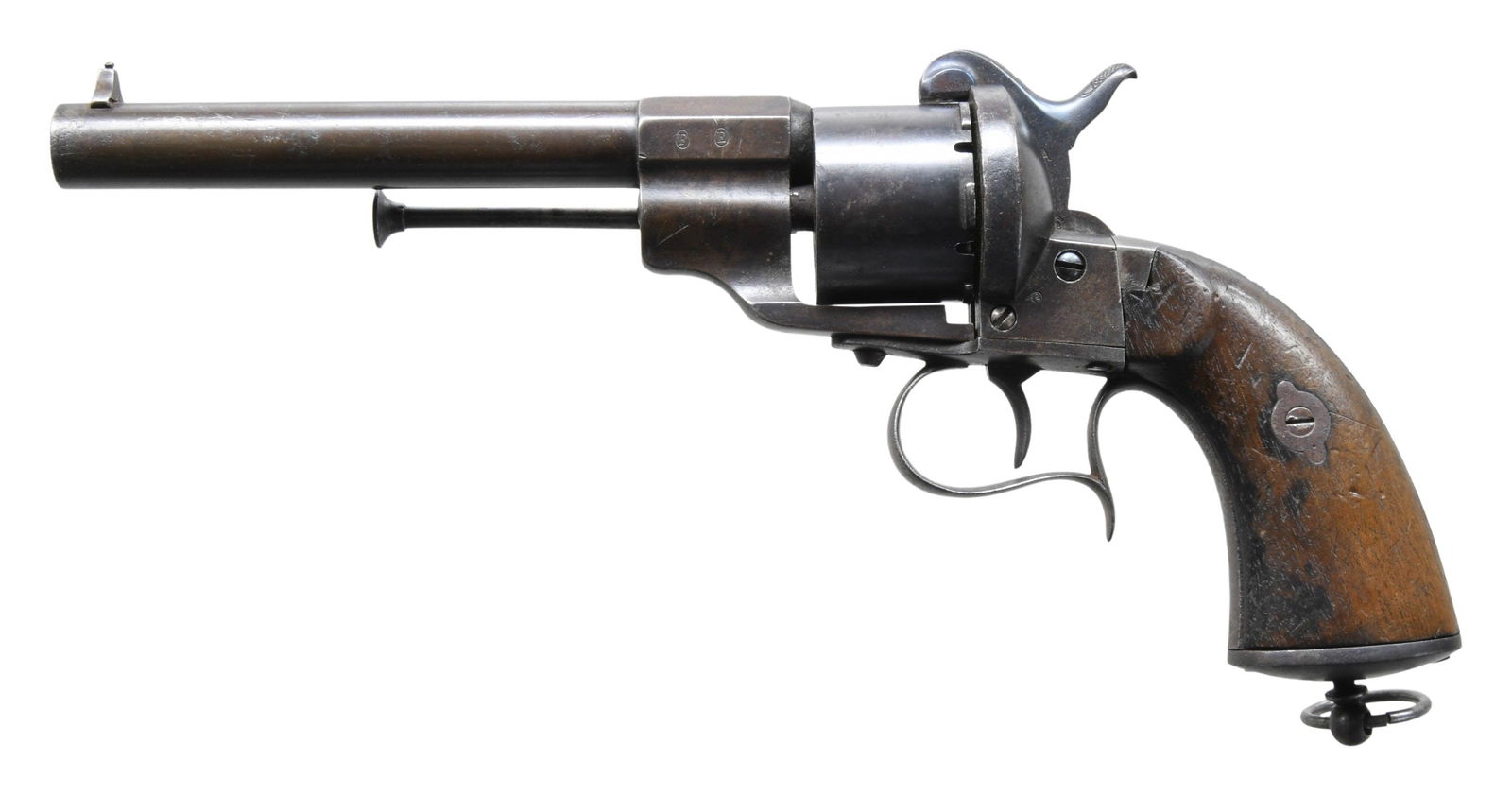 FRENCH MILITARY LEFAUCHEUX 1854 PATTERN ARMY/: CAVALRY REVOLVER. Cal. 12mm pinfire. S# 1347679. Standard configuration of model 1854 revolver, 6.25" Lefaucheux marked barrel, "SYSTEME / E. LEFAUCHEUX / BREVETE sdcg" stamped on right side of frame