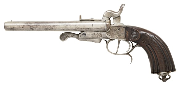 BELGIAN SXS BREAK ACTION PINFIRE HOWDAH PISTOL.