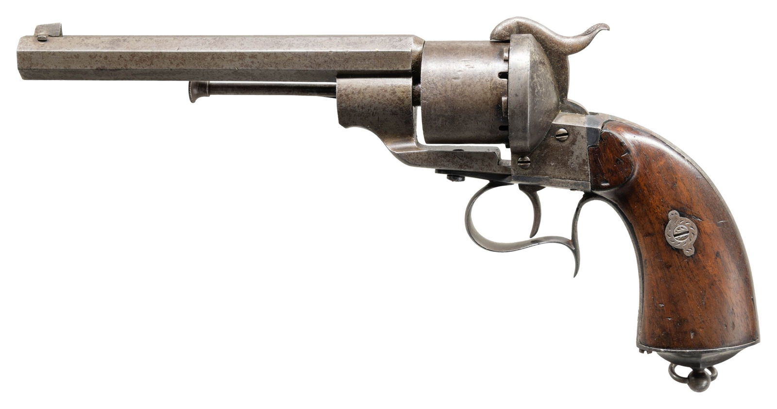 E. LEFAUCHEUX SINGLE ACTION PINFIRE REVOLVER.: Cal. 9mm Pinfire. S# 12206. Bbl. 6 3/8". Single action pinfire revolver mfg. by Eugene Lefaucheux. Left side of the frame appears to be marked "IN VON E. LEFAUCHEUX/ BREVETE SGDG (PAB S)". Right side