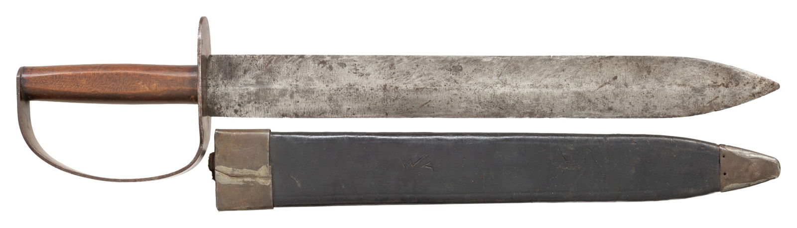 EXCELLENT CONFEDERATE STATES ARMORY, KENANSVILLE: ARTILLERY CUTLASS & ORIGINAL TIN MOUNTED SHEATH. All the characteristics of fine bowie made at Louis Froelich's Confederate States Armory in Kenansville, NC. 21" overall, 15 7/8" double edged blade, 1