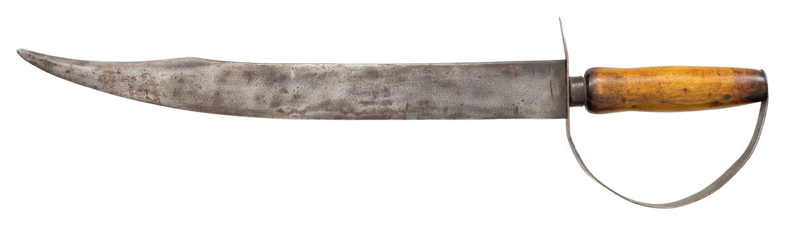 CONFEDERATE D-GUARD BOWIE KNIFE.: 19.5" overall, 14.25" clip point blade, 4" sharpened clip, .22" thick, 1.5" wide, tool handle with iron ferrule, thin tapered sheet iron guard. CONDITION: very good overall, "as found", iron patina, f