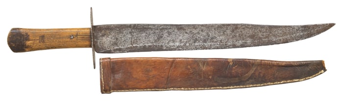 LARGE CONFEDERATE CLIP POINT BOWIE KNIFE & SHEATH.