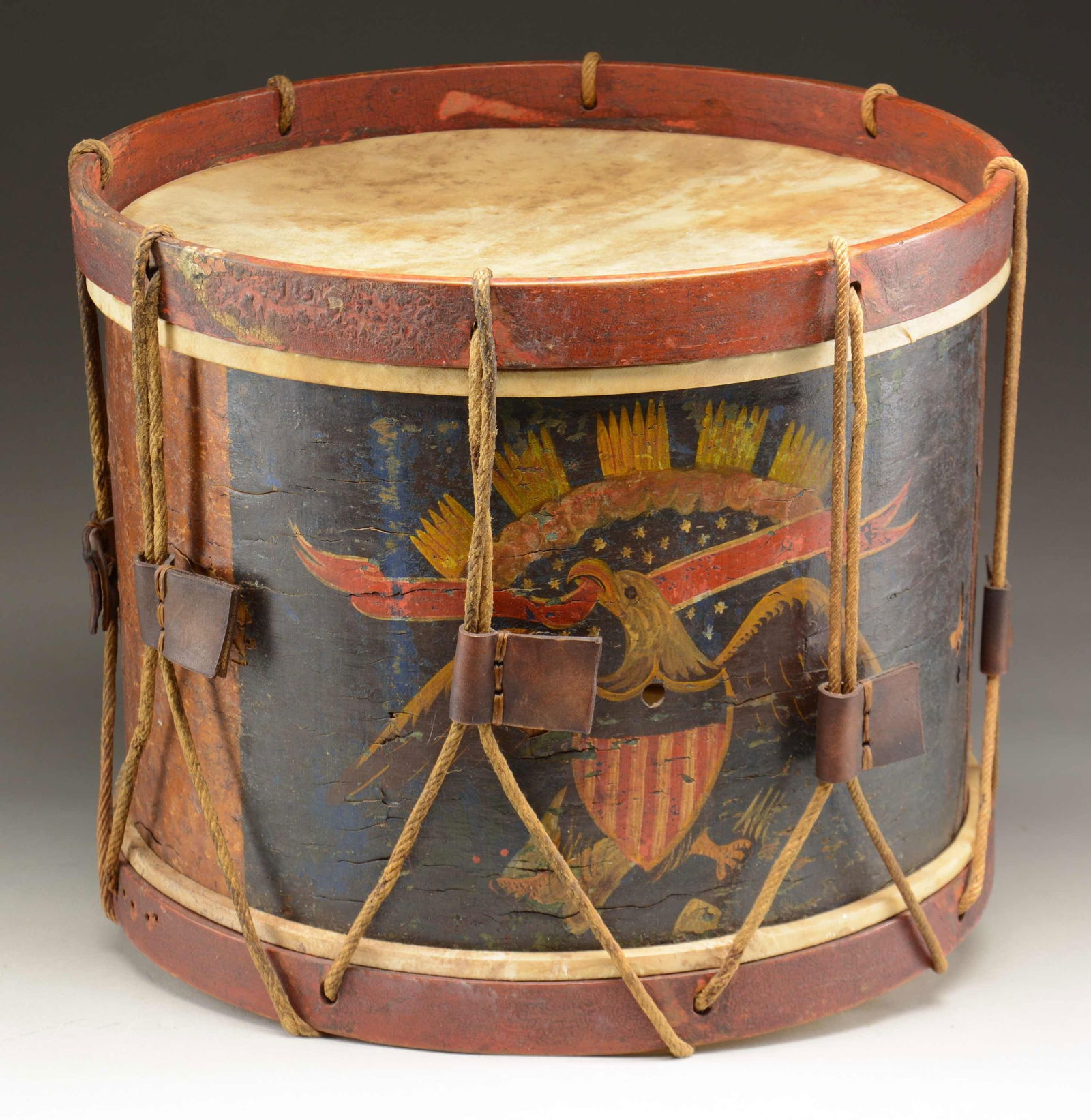 VERY SMALL SIZE CIVIL WAR DRUM FOR DRUMMER BOY: REGULATION SNARE DRUM. The standard regulation CW drum is appreciably larger than this example. Most CW drummer boys were issued standard regulation CW drums, which are notably larger than this exampl