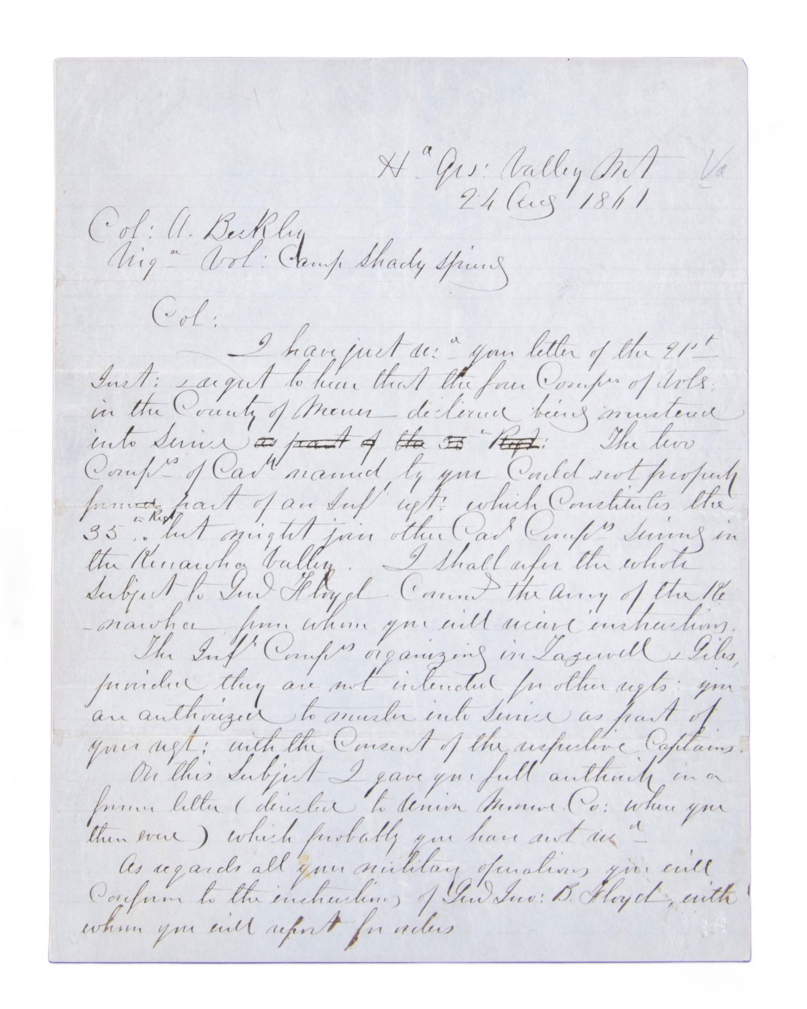 FINE EARLY WARTIME ROBERT E LEE AUTOGRAPH LETTER: SIGNED. 2 page "RE Lee" ALS, HDQ Valley Mountain, August 24, 1861, Lee writes Col. Berkley concerning consolidation of Virginia troops under General John B Floyd during the Kanawha Valley campaign