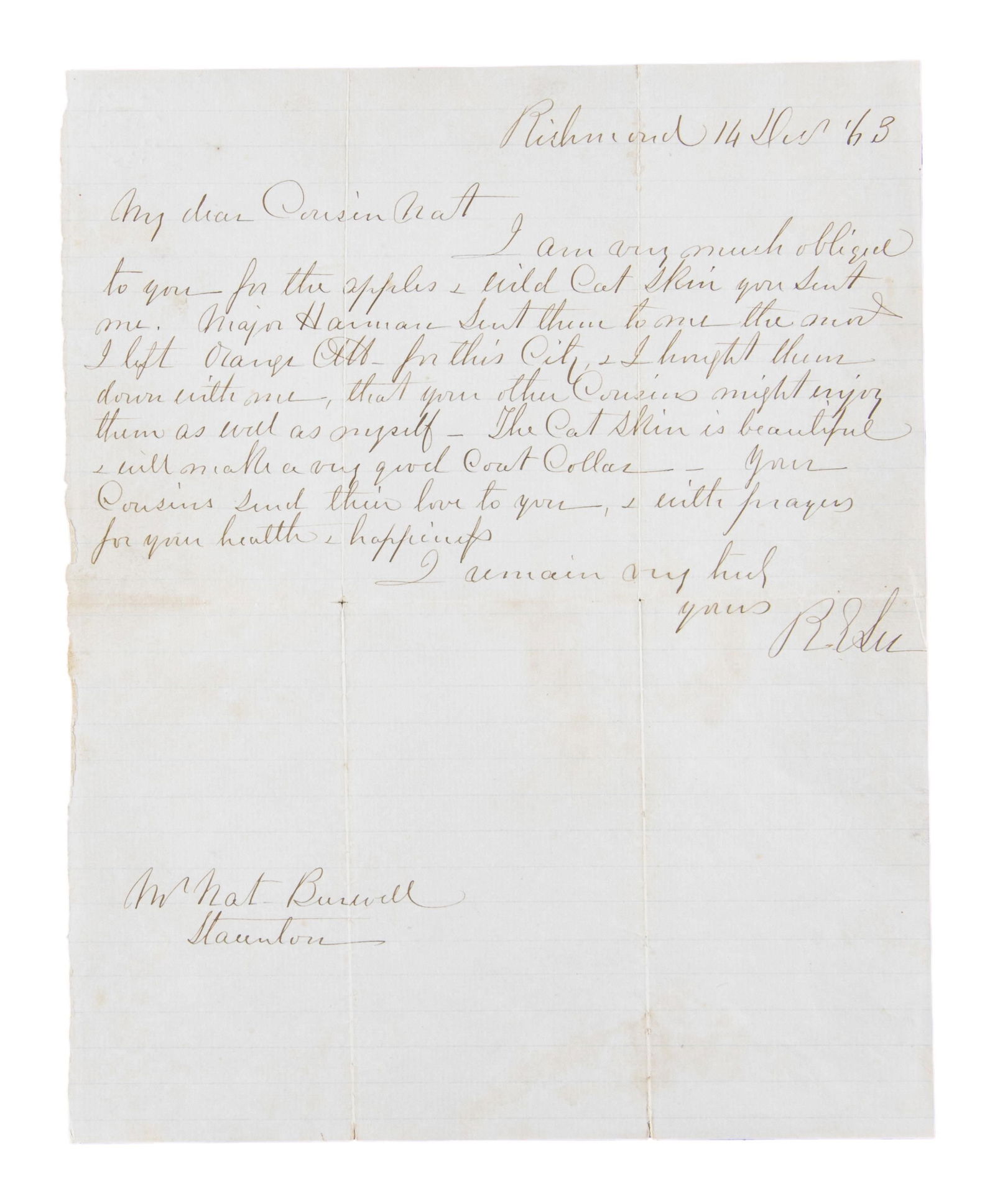 WARTIME ROBERT E LEE AUTOGRAPH LETTER SIGNED.: 1 page ALS, RE Lee, Richmond Dec. 14, 1863, written to cousin William Burwell in Stanton. CONDITION: very good to fine overall, archival repaired cracks at folds on verso. (02-25025-41/JS). NON-GUN.