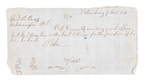 ROBERT E LEE MANUSCRIPT NOTE SIGNED TO GENERAL