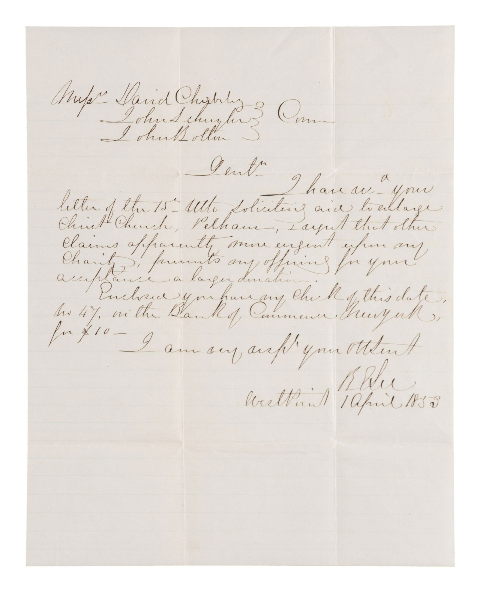 ROBERT E LEE AUTOGRAPH LETTER SIGNED.: 1 page ALS, West Point, April 1, 1853, Lee as commandant at US Military Academy donates $10 to Christ Church. CONDITION: very good overall. (02-25025-11/JS). NON-GUN. $2,000-4,000.