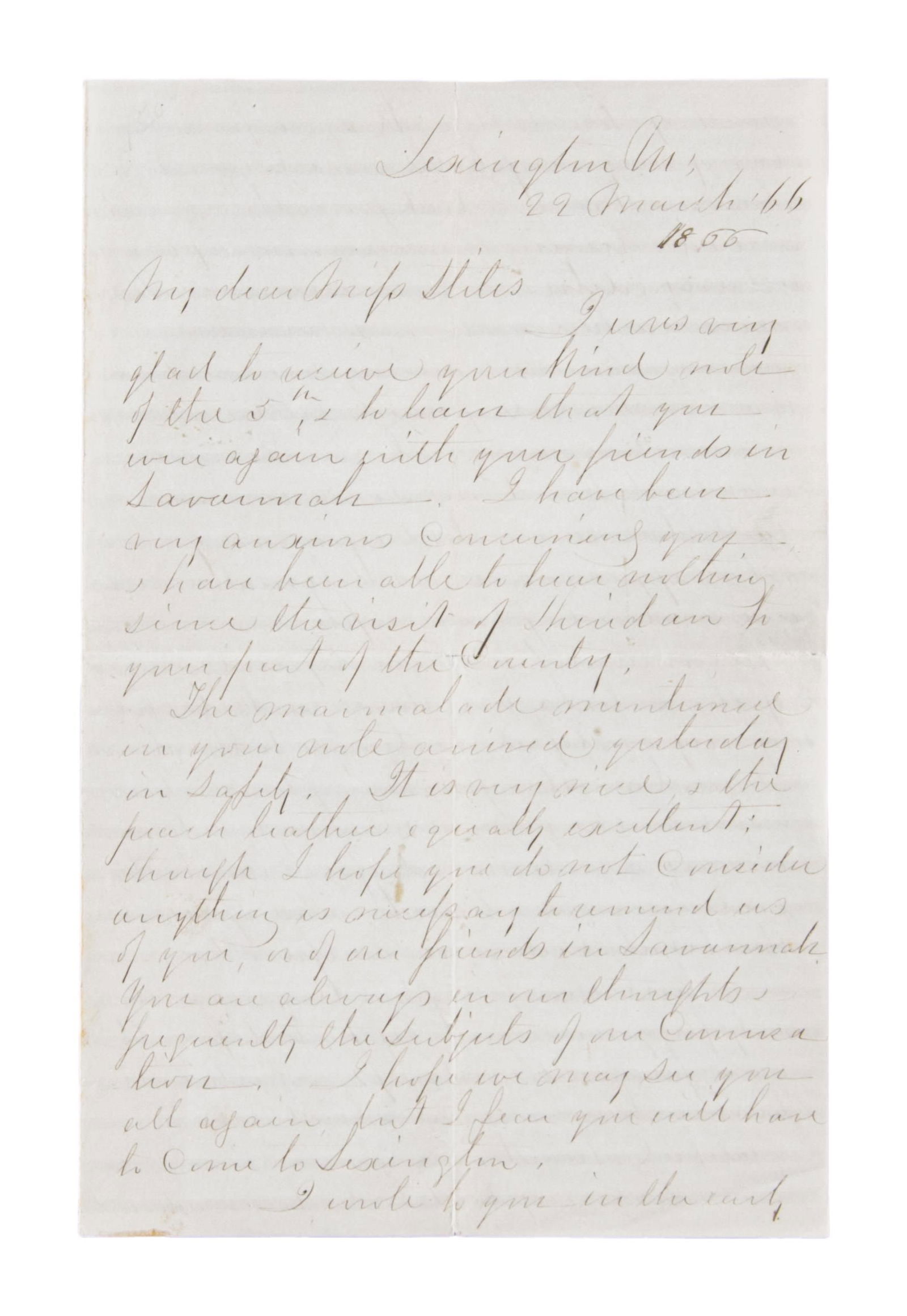ROBERT E LEE AUTOGRAPH LETTER SIGNED.: 3 page ALS, Lexington, Va, March 29, 1866 to Miss RC Stiles, Lee ends with "Praying that the rich blessings of Heaven may be always with you". CONDITION: very good overall, cracking at folds.