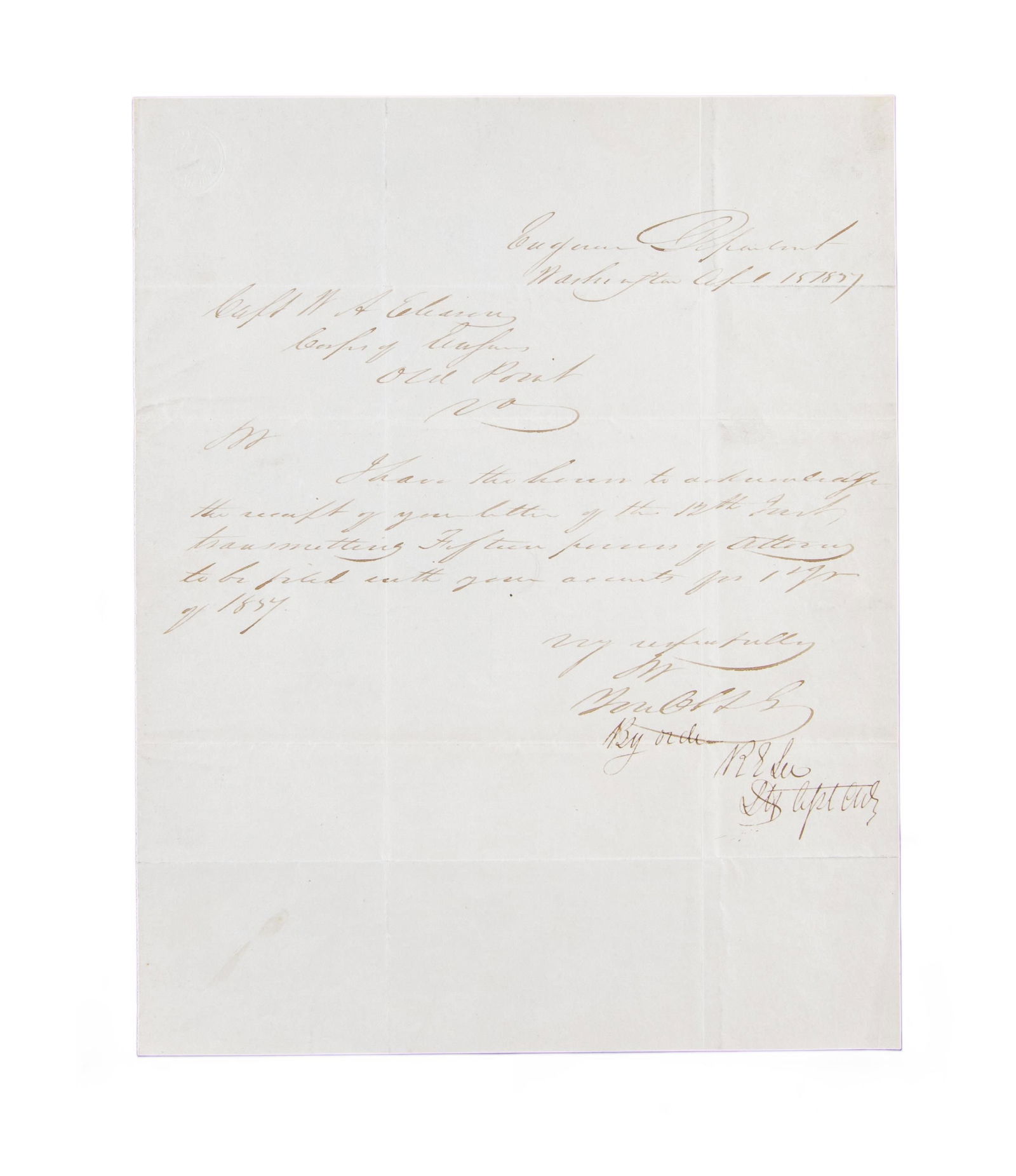 ROBERT E LEE LETTER SIGNED.: 1 page LS, Washington, Engineer Dept to Capt. WA Eliason, April 1, 1837, Lee signs as lieutenant assistant commanding. CONDITION: very good, archival tissue on verso. (02-25025-48/JS). NON-GUN.