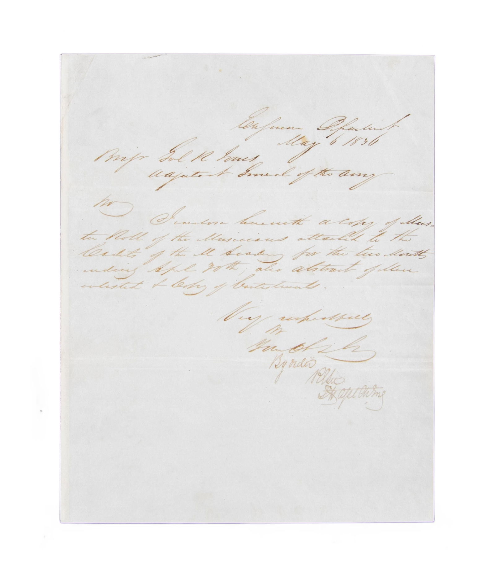 ROBERT E LEE SIGNED MILITARY LETTER.: 1 page LS, May 6, 1836 to Adjutant General Roger Jones. CONDITION: fine, archival tissue on verso to stabilize folds. (02-25025-59/JS). NON-GUN. $2,000-4,000.