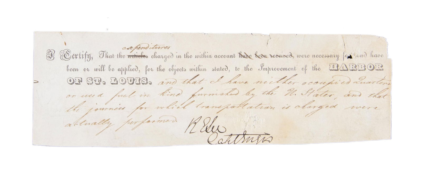 ROBERT E LEE SIGNED RECEIPT, ST LOUIS, 1838. (1 of 2)