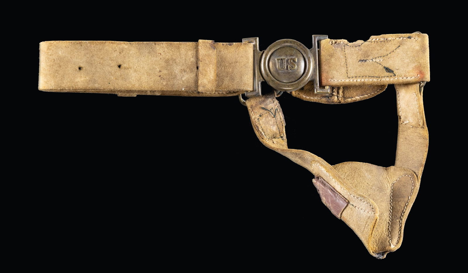 US M1839 ARTILLERY "US" WHITE BUFF BELT & BUCKLE.: A good early example of a US M1839 white buff belt with the M1839 "US" Artillery style interlocking 2-piece buckle. The belt is complete with the white buff sword hanger for the US M1832 Artillery