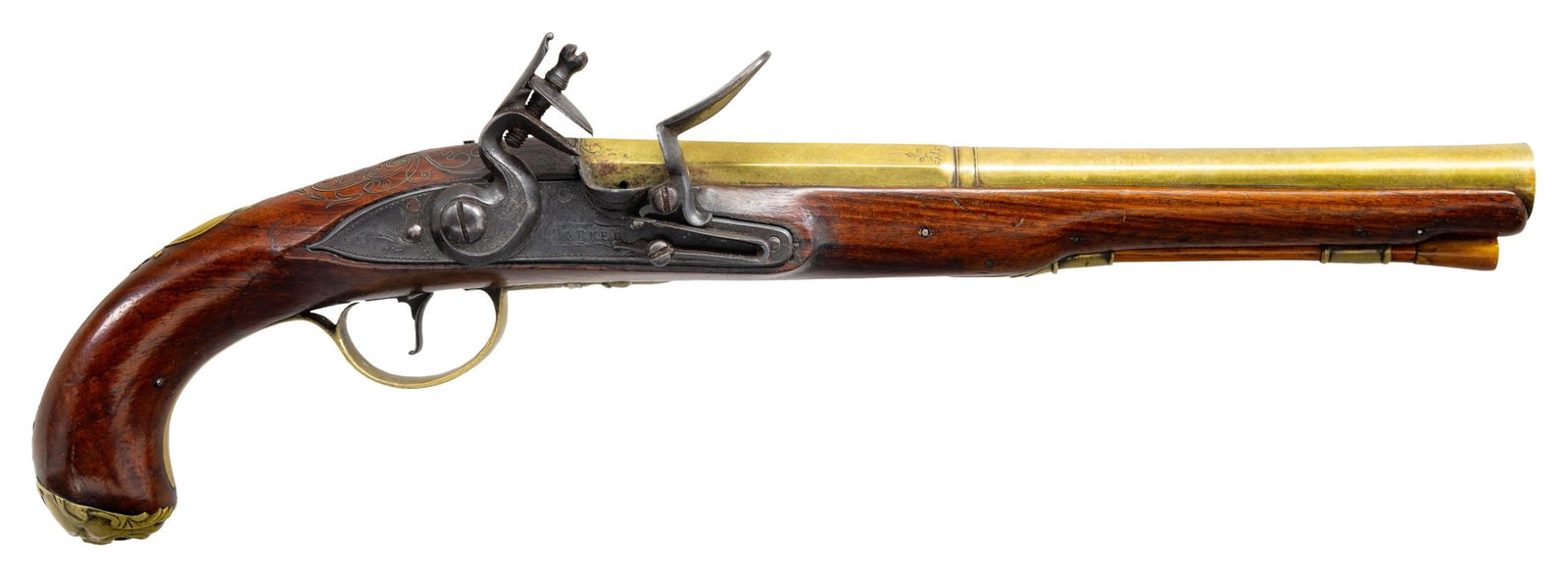BRITISH BRASS BARRELED FLINTLOCK HORSE PISTOL, BY: BARKER. Cal. 61. NSN. Bbl. 10 1/8". Brass bbl'd. flintlock pistol produced in Britain by Barker. Lockplate features decorative bordered engraving and a small foliate motif at the rear, with the center