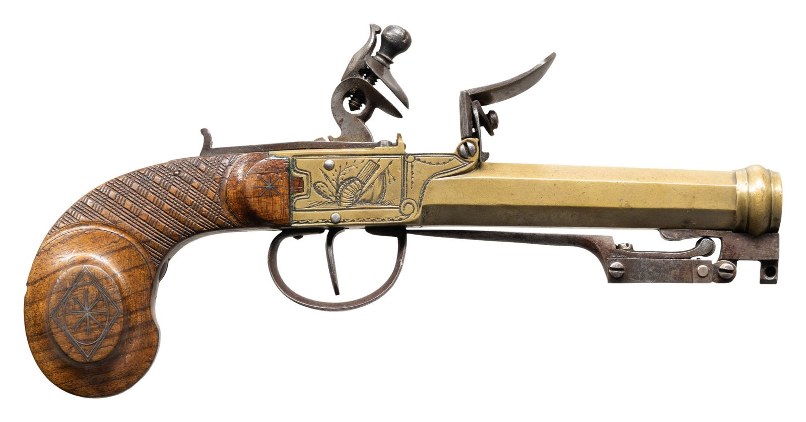 LIKELY ENGLISH BRASS FLINTLOCK PISTOL WITH FOLDING (1 of 2)