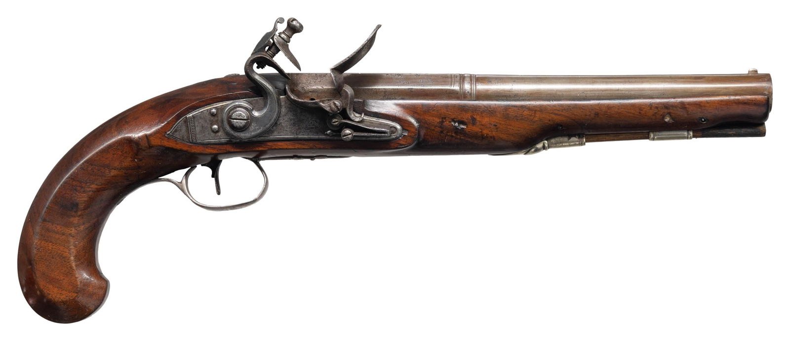 SILVER MOUNTED HOLSTER OR DUELLING PISTOL BY: CALVERT OF LONDON (?). Cal. 60. S# NSN. The 9" half octagon half round barrel has some scroll engraving and Birmingham proofs. Lock with chamfered plate and rebated tail is fitted with serpentine