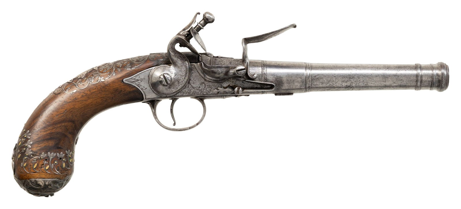 FANCY SILVER INLAID QUEEN ANNE STYLE SCREW BARREL: FLINTLOCK PISTOL. Cal. 61. S# NSN. 12-1/2" overall. The 5-1/4" cannon turned screw off barrel is unmarked. Breech with integral lockplate has British proof on bottom. Side mounted flint lock has