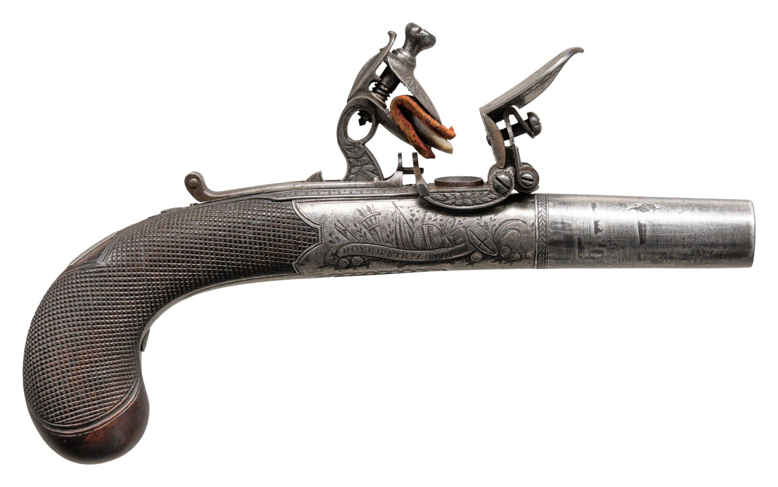 ATTRACTIVE ENGLISH SCREW BARREL FLINTLOCK MUFF: PISTOL, BY MANTON & SON. Cal. 45 Smoothbore. NSN. Bbl. 2 15/16". Screw bbl. flintlock muff pistol produced by Manton & Son of London, England. Left receiver plated is engraved with a panoply of arms