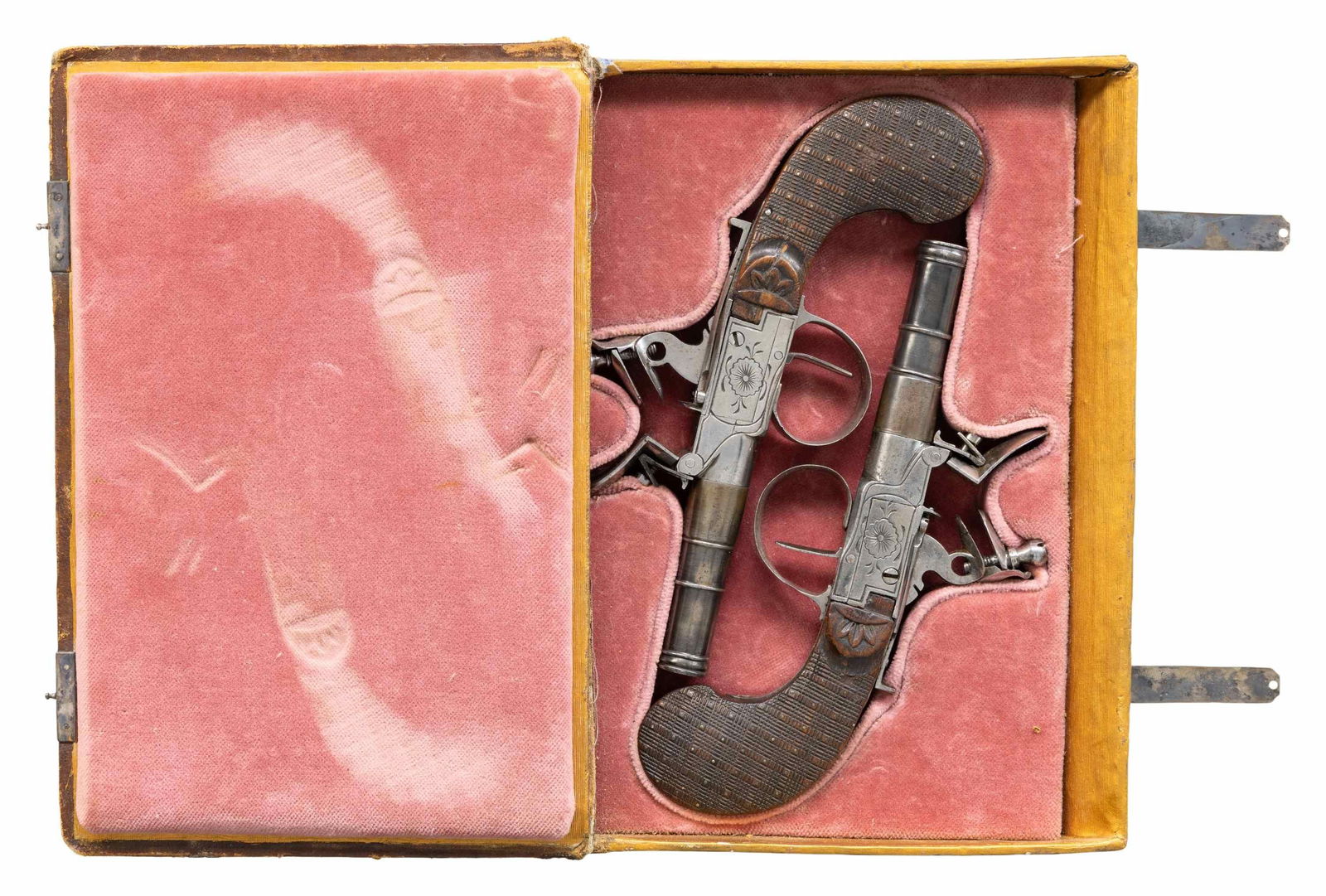 PR. OF BOXLOCK FLINTLOCK POCKET PISTOLS IN FANTASY: CASE DISGUISED AS A BOOK. Cal. 45 (both). S# NSN (both). This pair of pistols, probably continental, measure 7-1/4" overall and have 2-1/4" screw off cannon turned barrels. Boxlock type flint lock