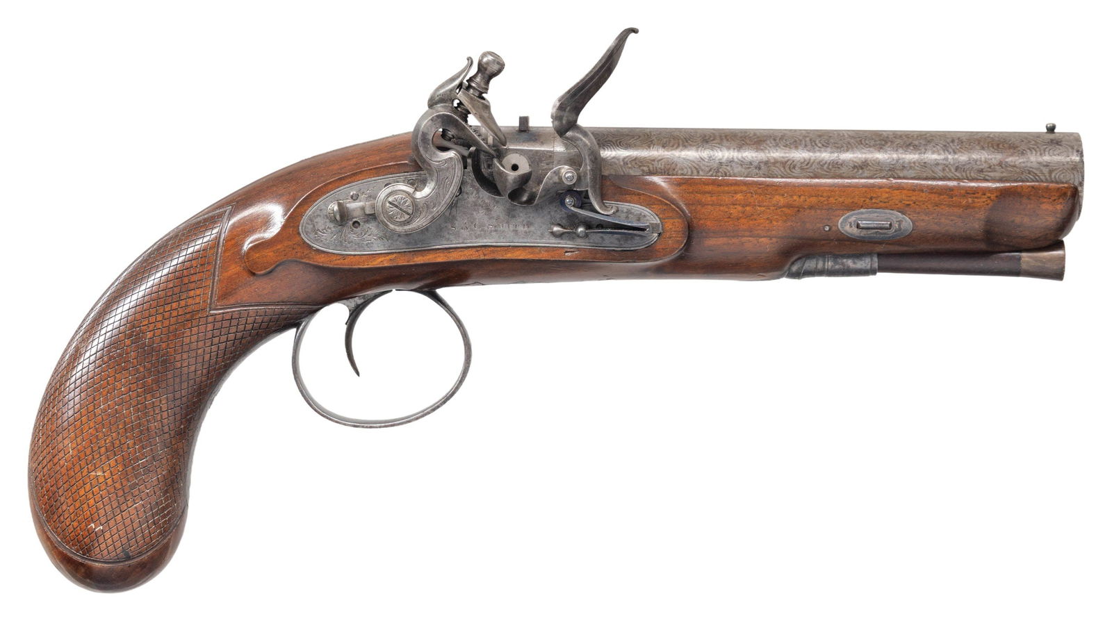 HIGH QUALITY & CONDITION FLINTLOCK GREAT COAT: PISTOL BY S&C SMITH OF LONDON. Cal. 58. S# 3441 (on trigger guard bow). This fine pistol measures 11-1/4" overall and has 6" round damascus barrel engraved "S&C Smith London" (working ca 1790-1831)
