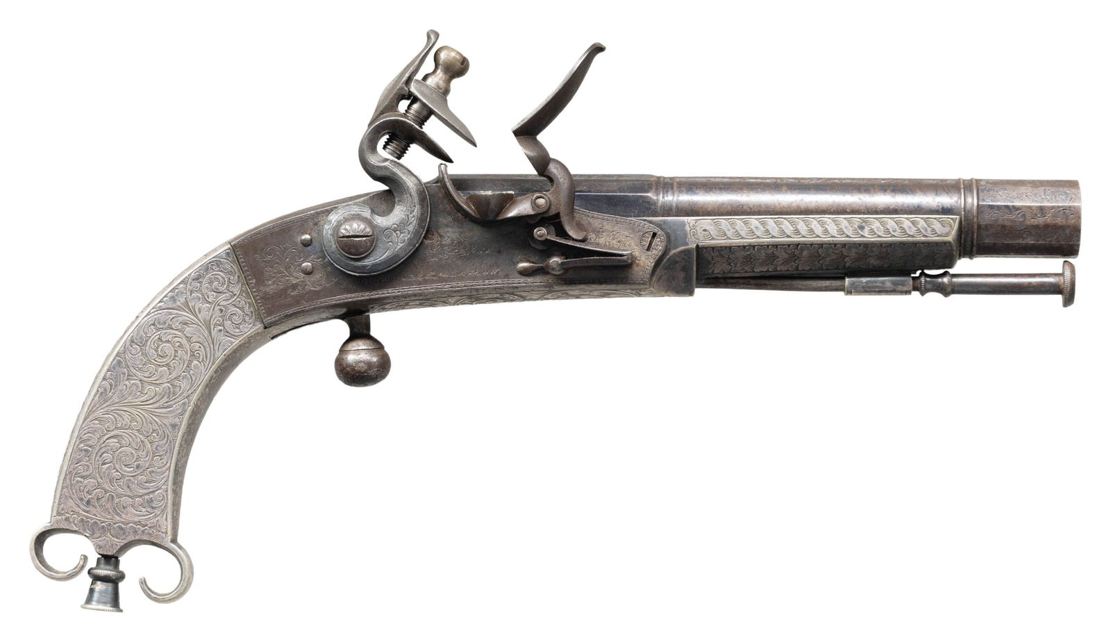 HIGH QUALITY SCOTTISH REVIVAL ALL METAL FLINTLOCK: PISTOL BY J.D. DOUGALL. Cal. 50. S# NSN. Probably made around 1850-60 during the early years of Dougall's career this very nicely finished pistol measures 10-1/2" overall and has 6" blued damascus