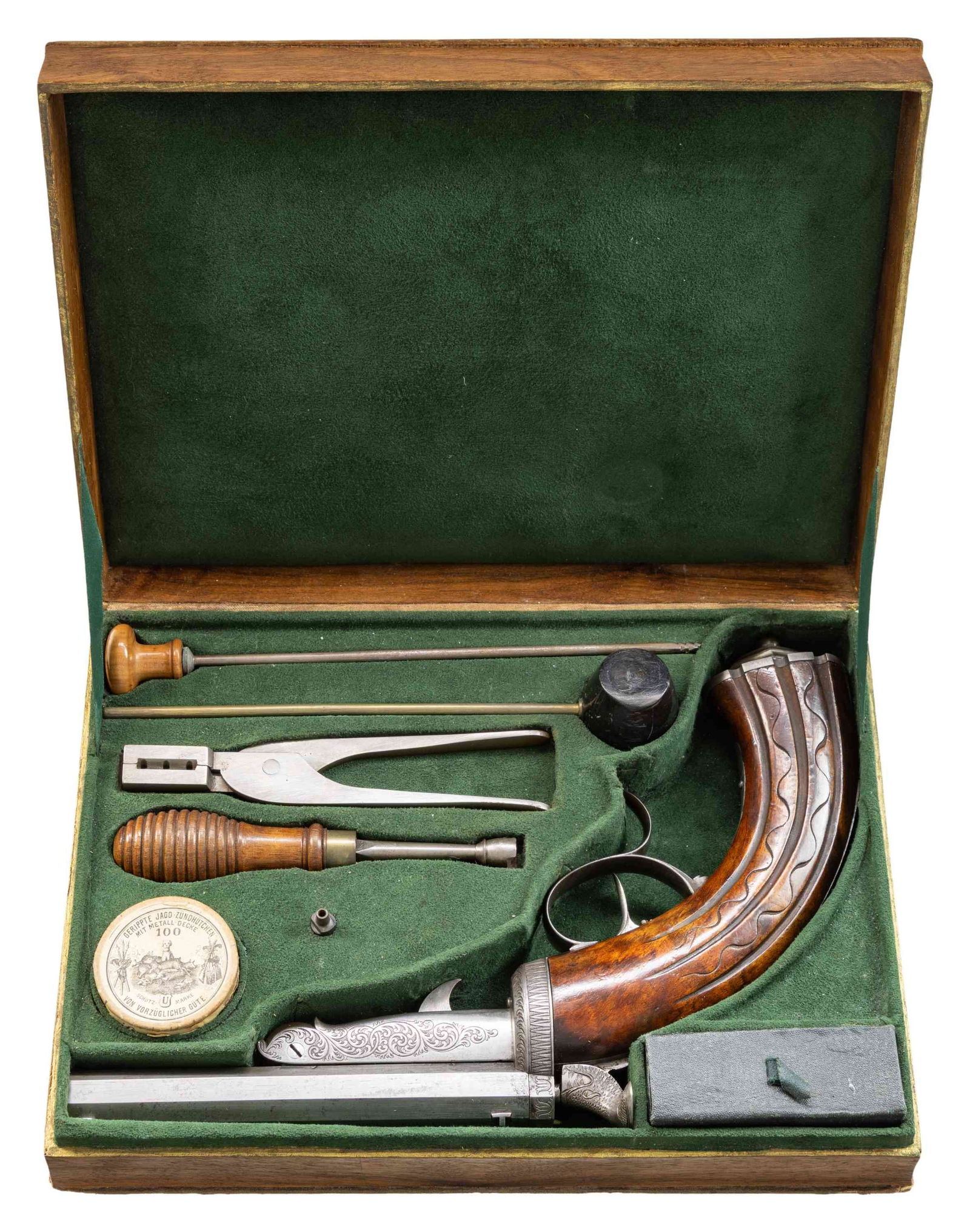 I. ADAM KUCHENREUTER INLINE PERCUSSION PARLOR: PISTOL. Cal. 17. NSN. Bbl 5 1/2" oct with rifled bore. Top flat is marked "I. Adam Kuchenreuter Regensburg". Fine blade front sight with fixed v-notch rear sight. Bbl tips up from the metal forearm.