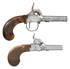 PAIR OF TWIST BARREL PERCUSSION PISTOLS WITH BRASS
