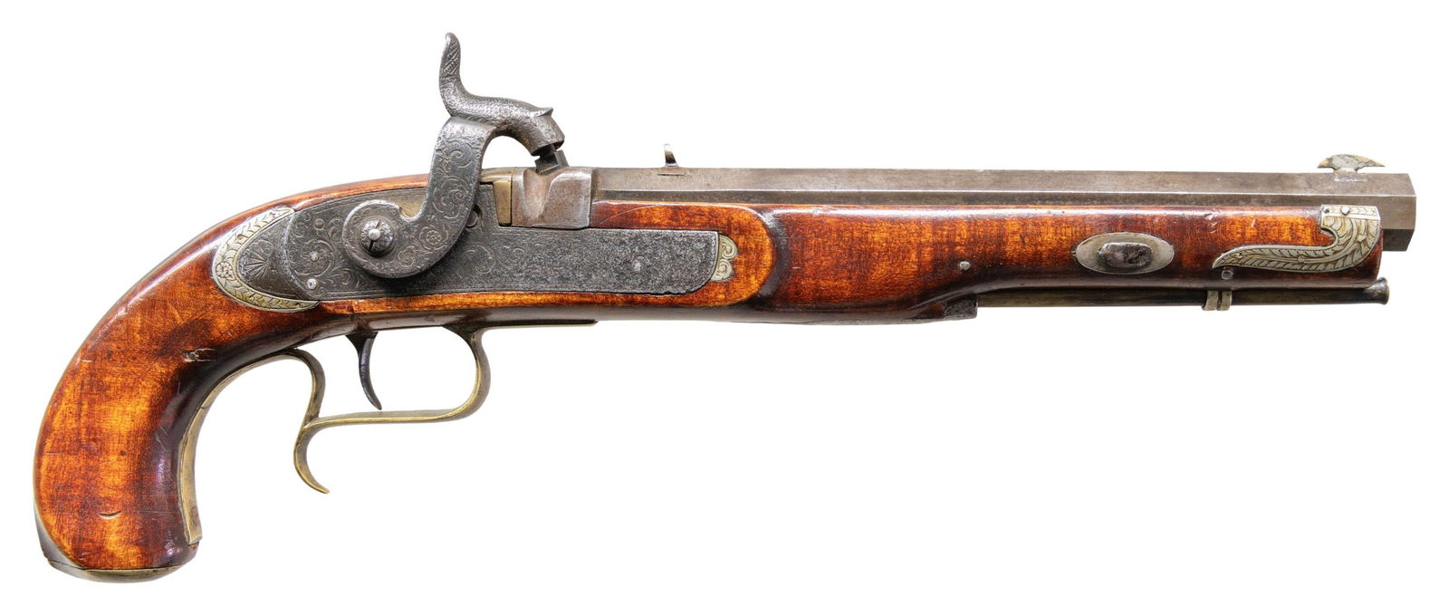 BELGIAN "A. E. RYNC" SIGNED PERCUSSION PISTOL.: Cal. 41. NSN. Bbl. 9". Percussion pistol mfg. in Belgium by A.E. Rync. Top flat of the octagonal bbl. is marked "A.E.RYNC", followed by a triple stamped "M", "R001", and triple stamped "823". Left