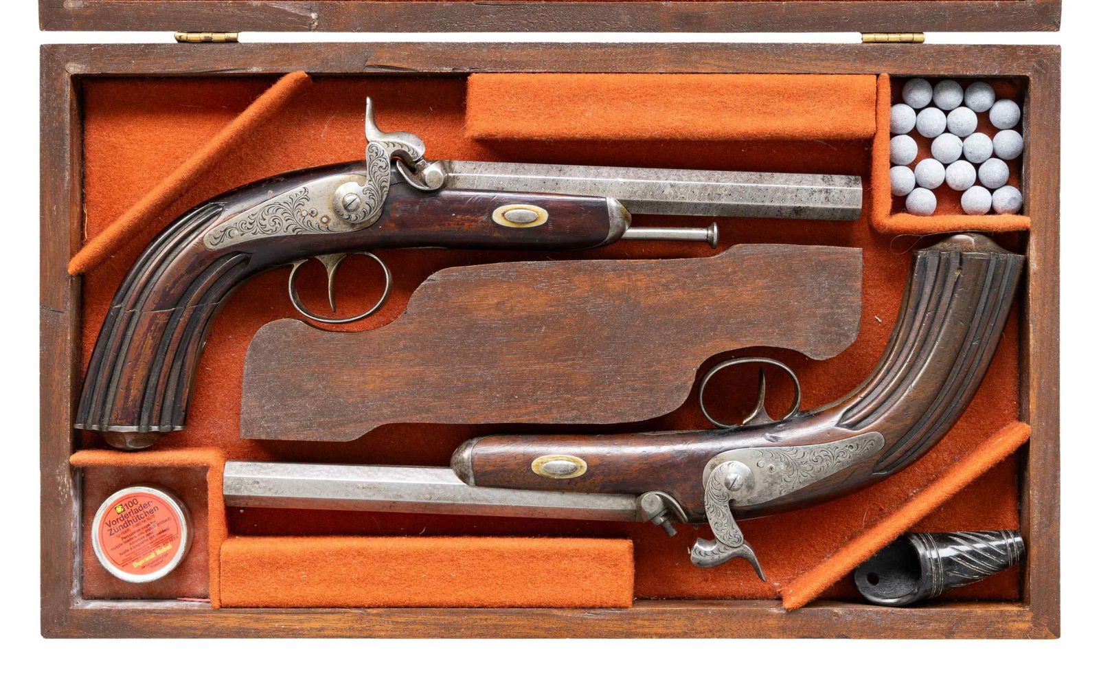 CASED SET OF BELGIAN PERCUSSION TARGET PISTOLS.: Cal. 50. S# 1357. Bbls 6 5/8" oct damascus bbls with fine multi-groove rifling. Brass front beads with fixed rear sights. Island locks. Locks, hammers, trigger guards, top tangs, nose caps and