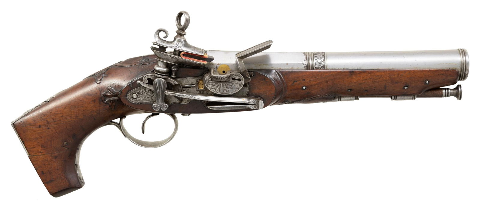 GOOD MIQUELET PISTOL BY DOMINGO GABIOLA OF EIBAR.: Cal. 72. S# NSN. The 7-3/4" half round half octagon barrel transitions through relief engraved wedding band and has cannon turned muzzle. Rear of top flat has silver inlaid scroll and gold poincon is