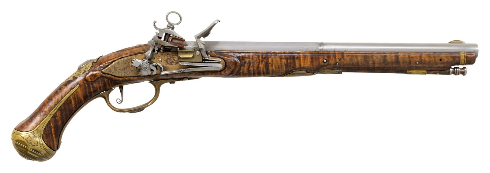 VIENNA STYLE BRONZE LOCK MIQUELET HOLSTER PISTOL.: Cal. 46. S# NSN. The 12-1/4" barrel transitions from octagonal at breech through turned band, to round. Miquelet lock with flat bronze plate and integral heavy pan has nicely file decorated exterior