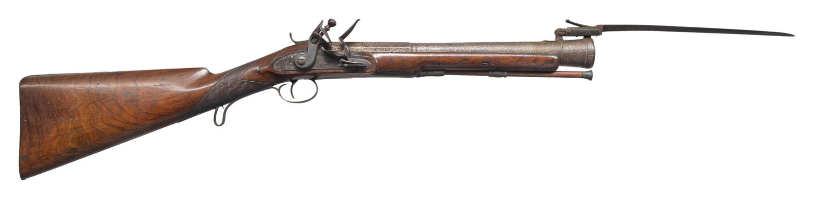 IRON CANNON BARREL FLINTLOCK BLUNDERBUSS WITH: SPRING BAYONET BY BUSBY. Cal. 1.4" at muzzle. S# NSN. The 14" iron cannon barrel is stamped with Birmingham proofs in octagonal breech section and is fitted with spring triangular bayonet with